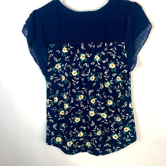 Daniel Rainn navy blue floral mixed media scoop neck flutter sleeve PS - Picture 3 of 8
